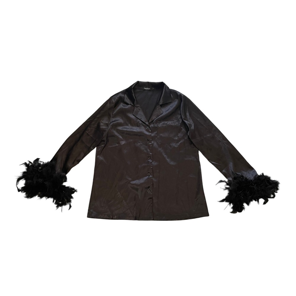 Boohoo Black Satin Feather Trim Button Down Pajama Top Blouse US 4